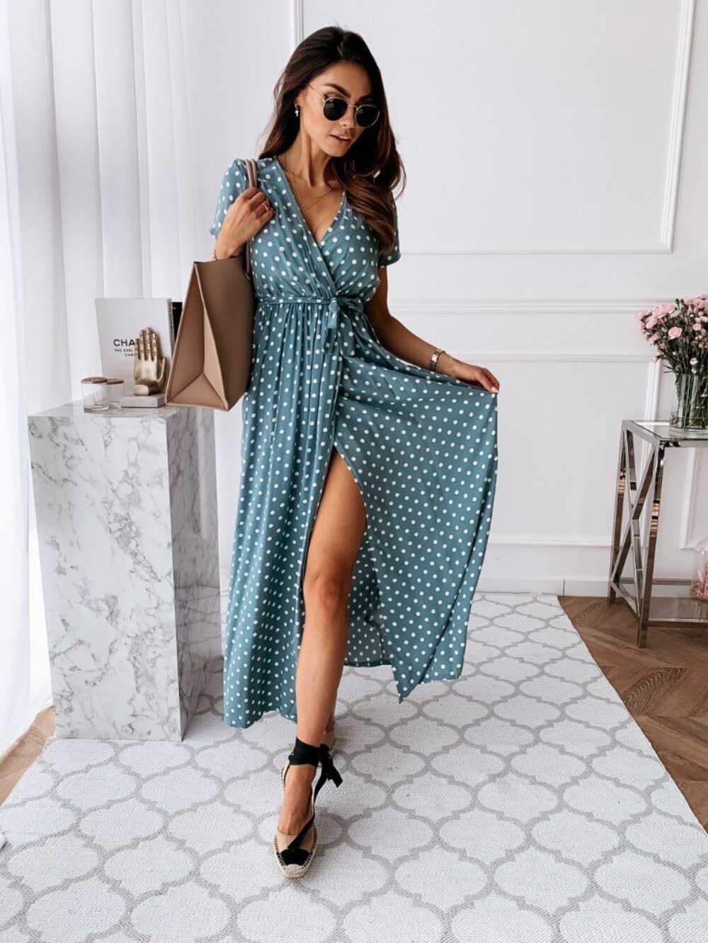 Teal Polka Dot Wrap Maxi Dress Short Sleeve V-Neck Tie Waist Flowy Slit Summer C